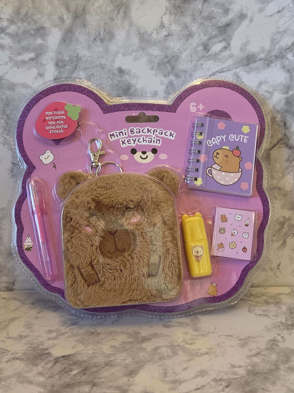Caby Mini Backpack Keychain Kids Toy Set - Brown Plush Caby with Pink Accents